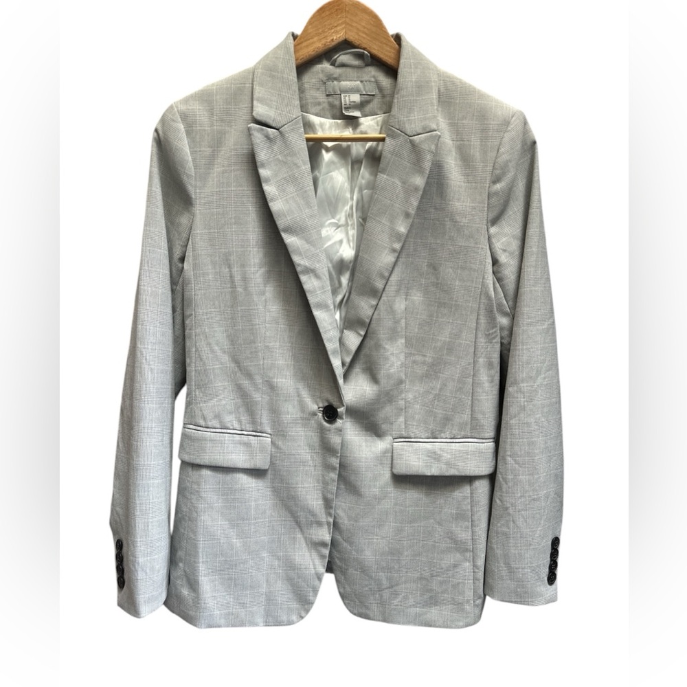 H&M Grey Micro Houndstooth Plaid Classic Blazer size 10 Women’s